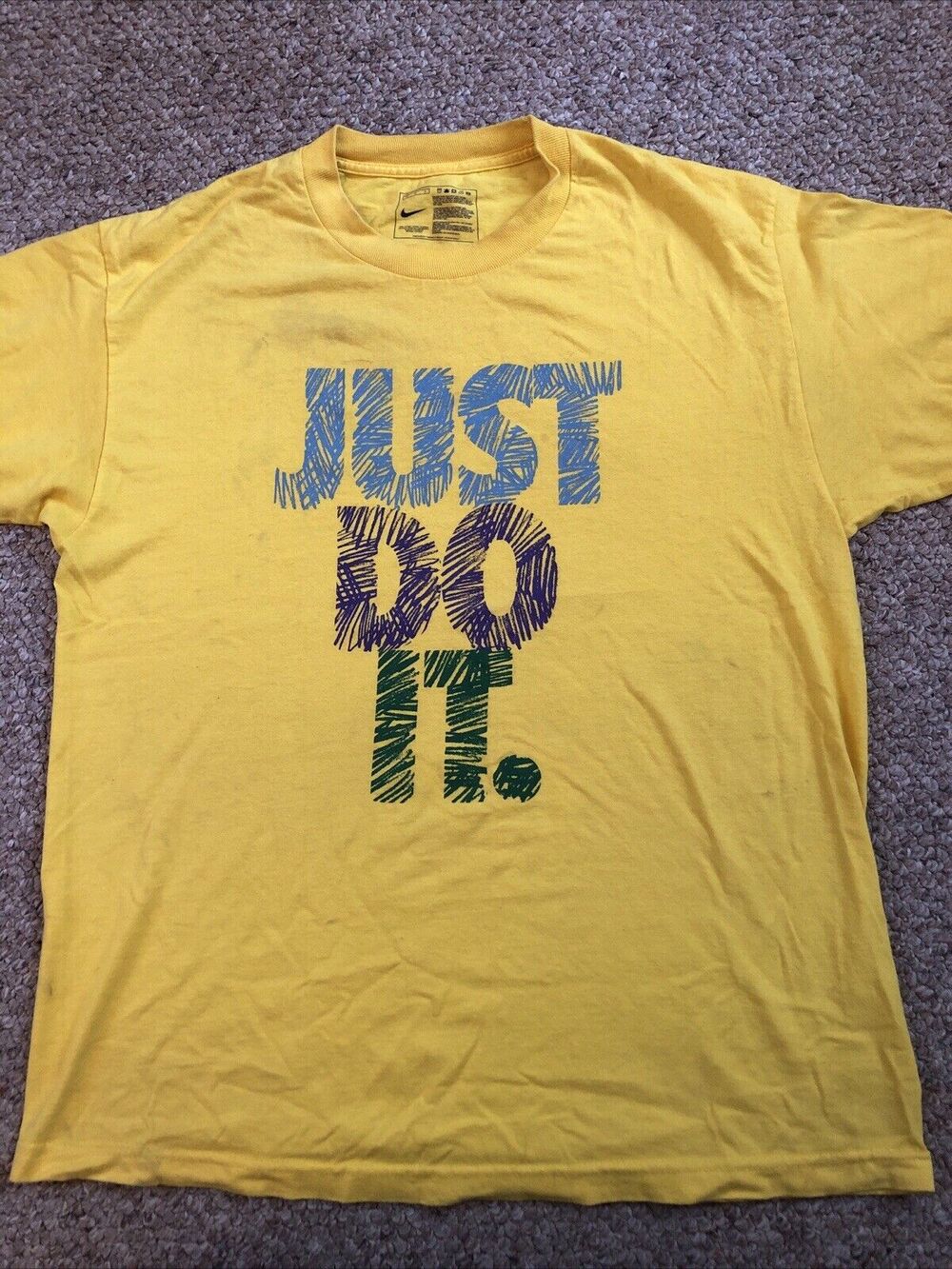 Nike T shirt Adult Large Men's Yellow Just Do it Loose Fit Cotton Short Sleeve